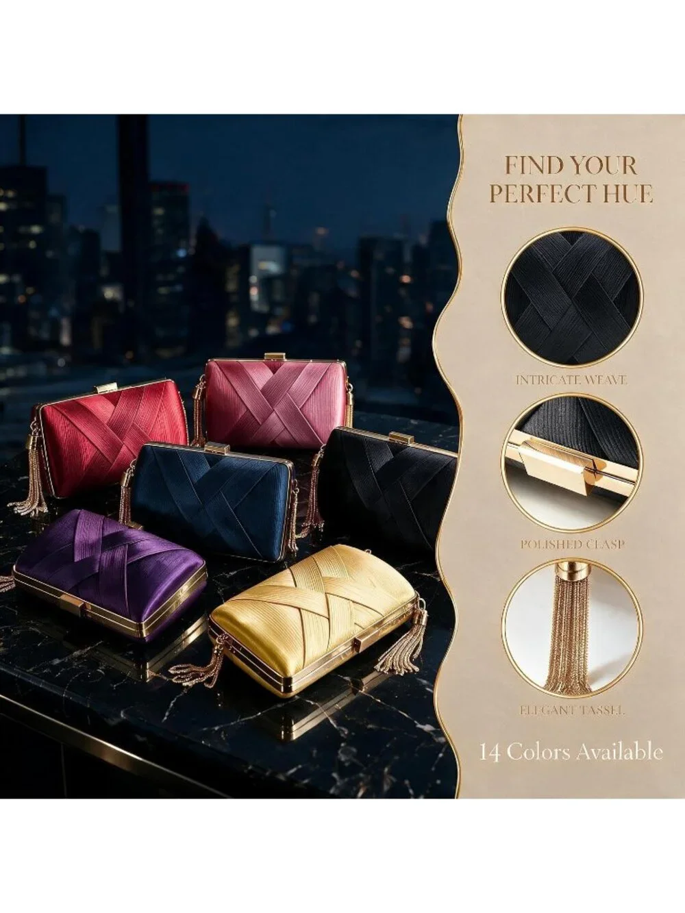 Women's Black Silk Satin Clutch Purse Pearl Tassel With Chain Evening Bag
